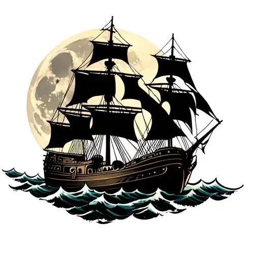 Full Moon With Scull And Pirate Ghost Ship Sailing