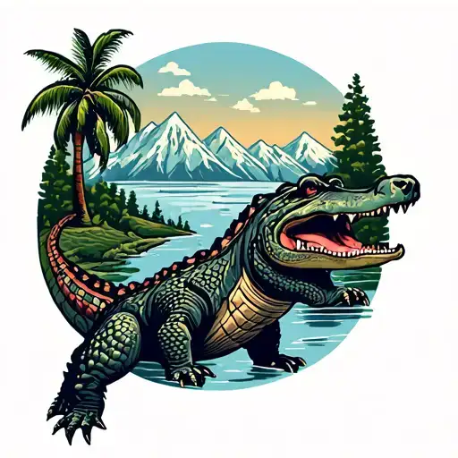 Alligator And Bear Near Mountains And Palm Trees
