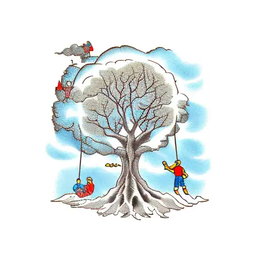 Tree With Swinging Kid Pushed By Father And A Bystander Mother Accompanied By 3 Dogs