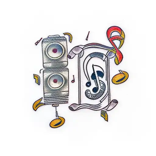 A Traditional Style Tattoo Of A Family Road Trip With Music Notes Scattered Around