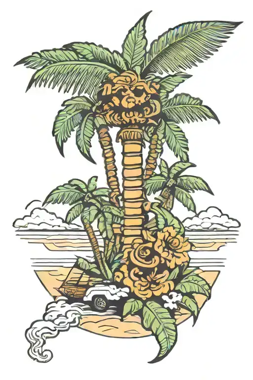 Hawaiian Palm Tree With Egyptian Gods Smoking Blounts On The Beach