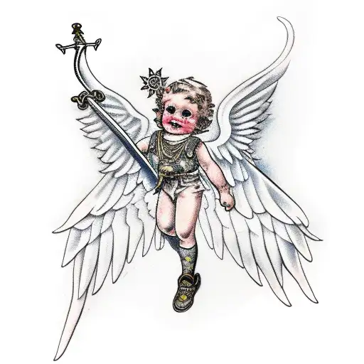 Cherub With Wings Hugging A Big Sword