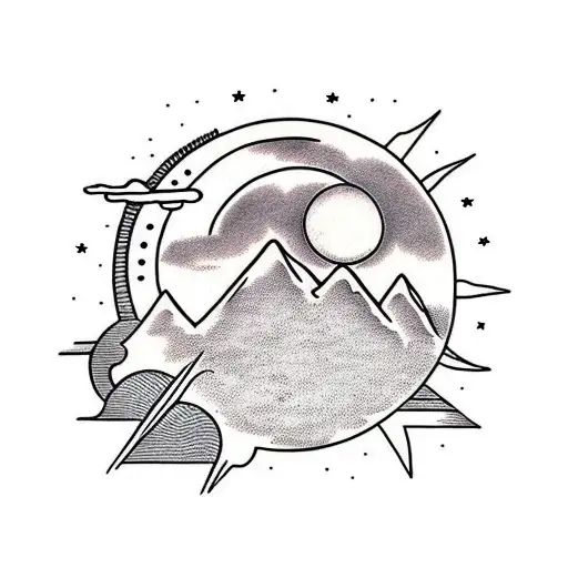 Mountains With Moon And Sun