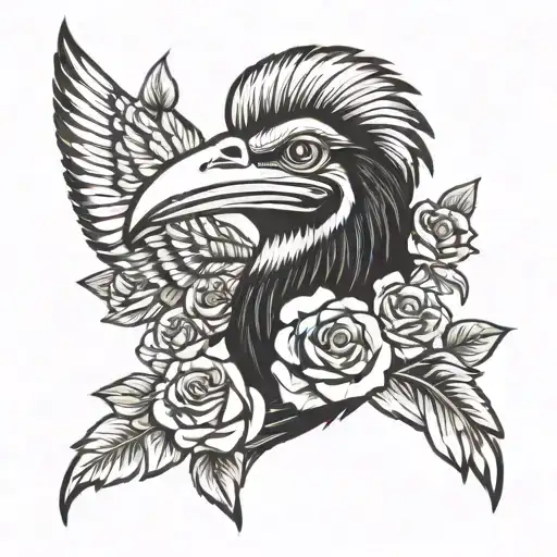 Hornbill Bird Face With Roses