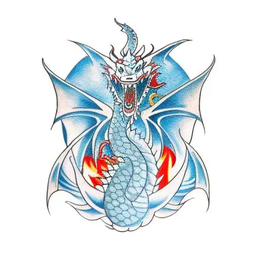 A Traditional Style Tattoo Of A Dragon Breathing Fire Shaped Like A Guitar