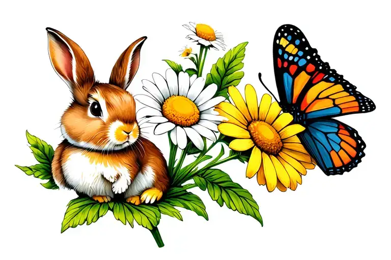 Bunny Rabit And Daisy Flower Growing Together With A Butterfly On The Flower Stem