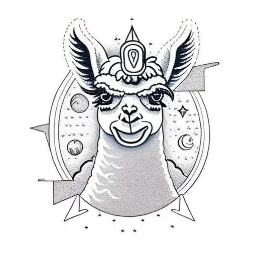 A Traditional Tattoo Of A Llama Gazing At The Stars In A Serene Nature Setting