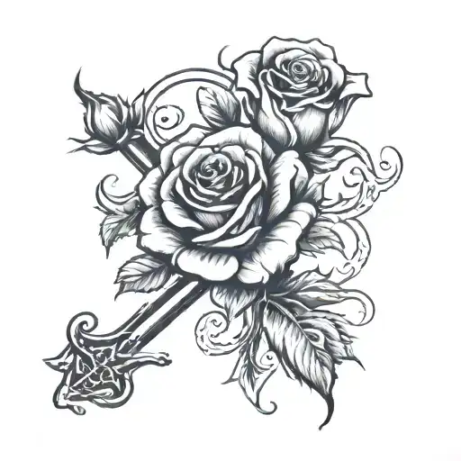 A Traditional Black And Grey Tattoo Of A Rose Growing Around A Keltic Cross