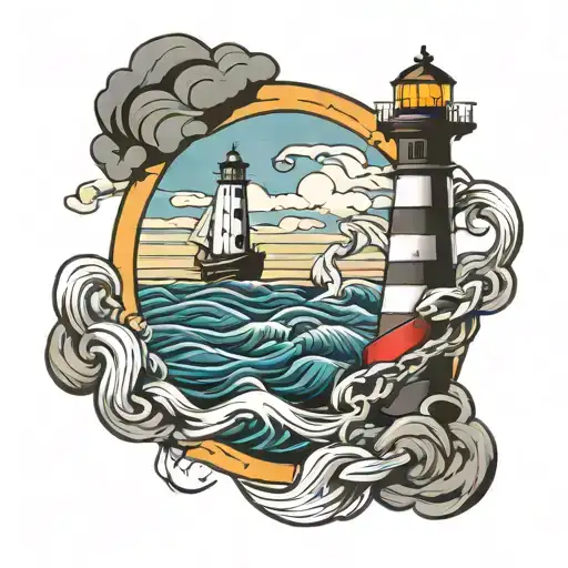 Lighthouse Against The Backdrop Of A Storm And An Anchor Chain On A Sleeve