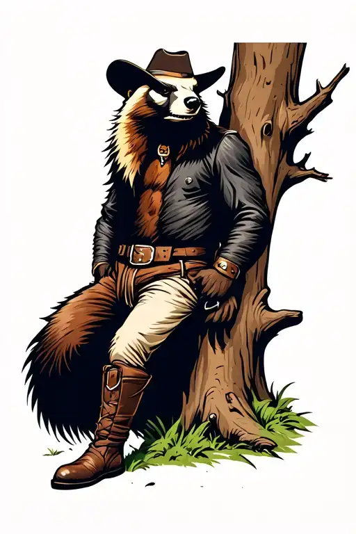 Cowboy Honey Badger In Boots And Chaps Leaning Against A Tree
