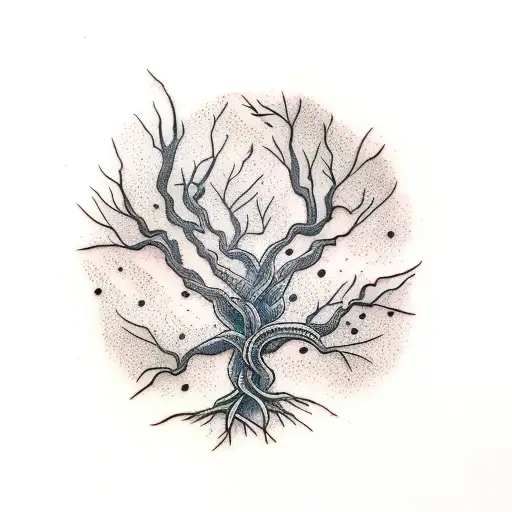 Spine With Tree Roots Surrounding It And Fireflies