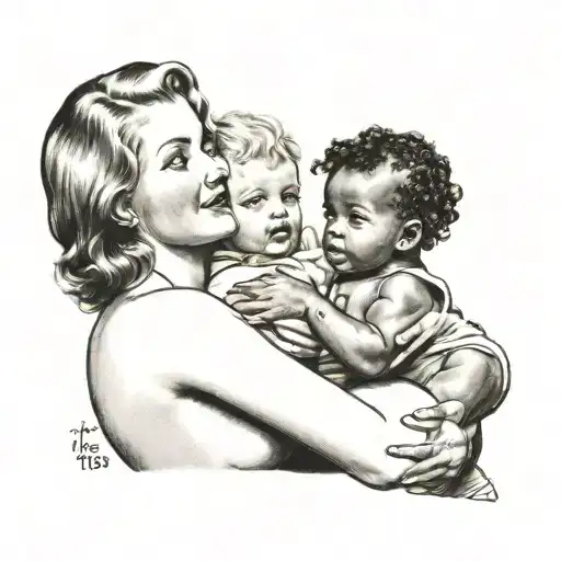 Nude Slim Young European Blonde Teenage Girl Breastfeeding Two Black Babies