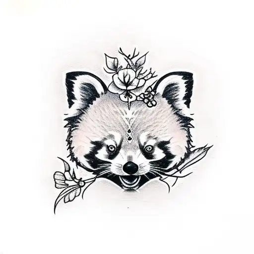 Red Panda With Hibiscus Flowers