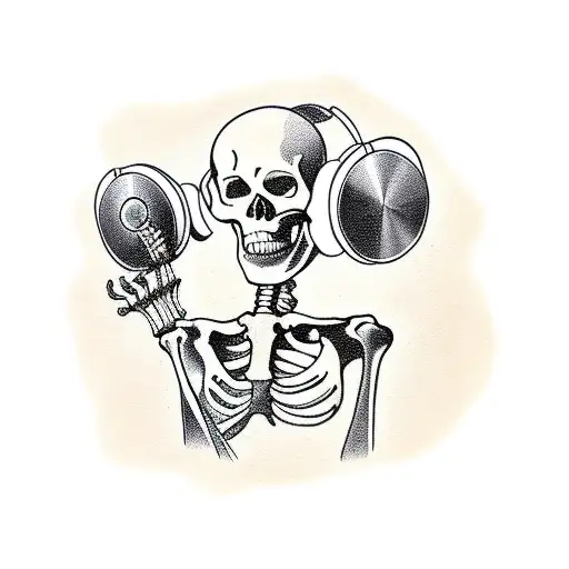 Skeleton With Headphones On Listening To Record Player