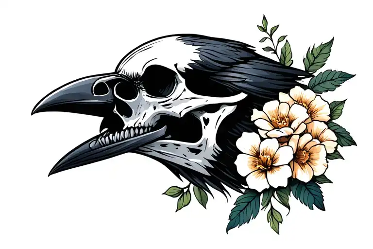 Raven Skull And Flowers