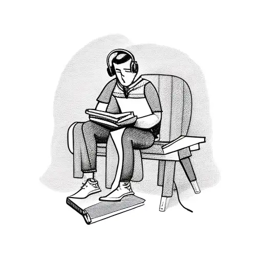 A Black-grey Sketch Of A Student Sitting Alone With A Book And Headphones