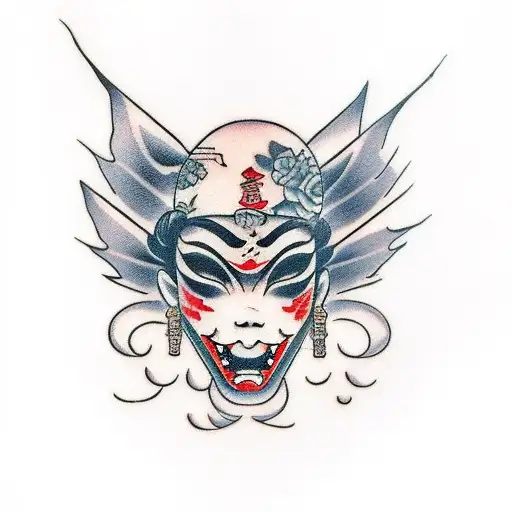 Japanese Geisha With Demon Mask
