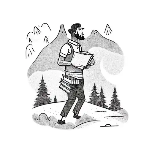 A Traditional Style Tattoo Of A Hiker Walking Through A Forest With A Book In Hand