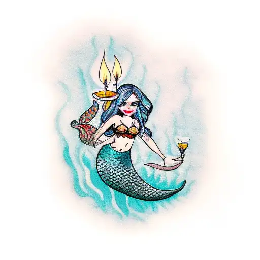 Mermaid That Has A Candle In Her Hand She Is Surrounded By Pills And Jewelry