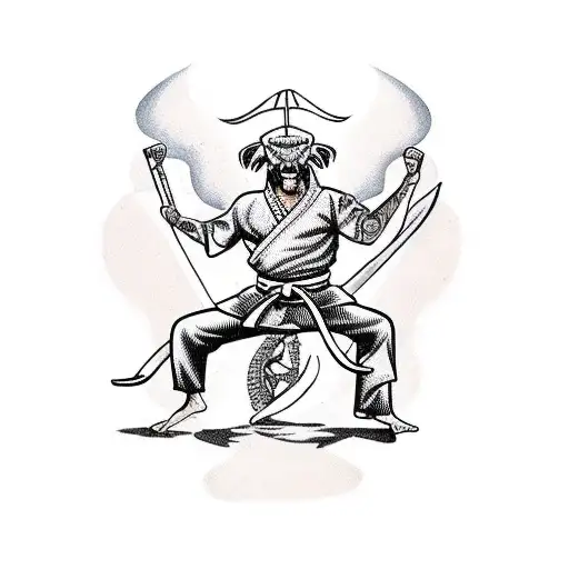 Karate Master Doing A Butterfly Kick With Double Sided Battle Axe In Background