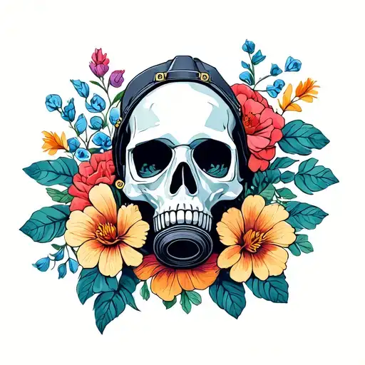 Full Face Respirator With Skull In Mask Surrounded By Flowers