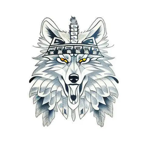 Wolf With Hawk Indian Headdress
