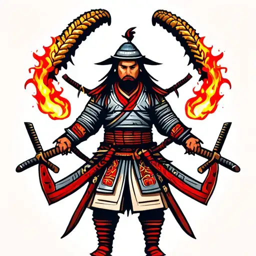 Samurai With Two Catanas With Fire