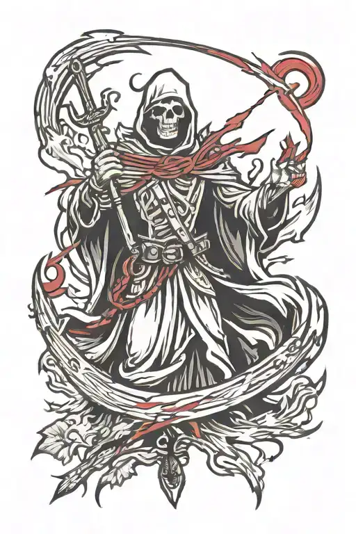 Reaper With Red Lightning Bolts Behind Saint Barbara