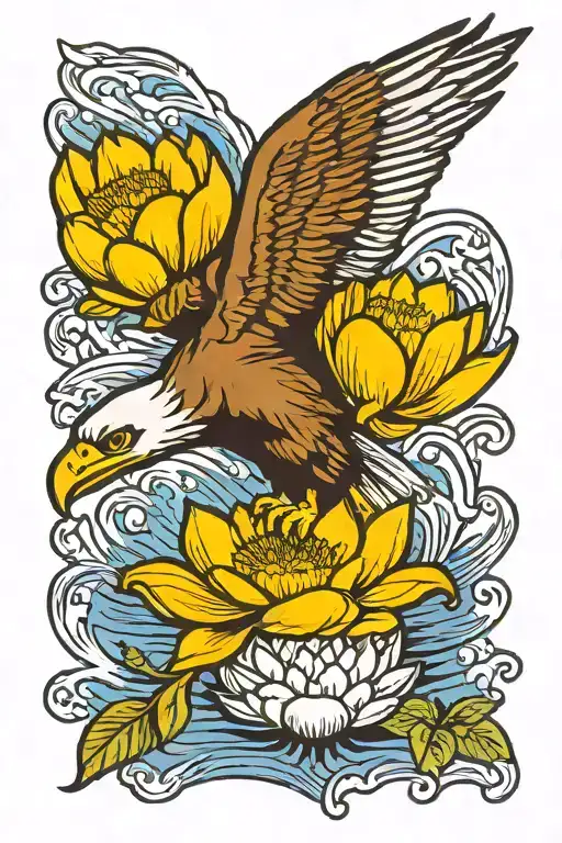 Eagle Flying Grasping A Water Lily Flower