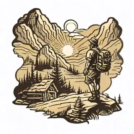 Hiker Far Away In Mountains With Sun