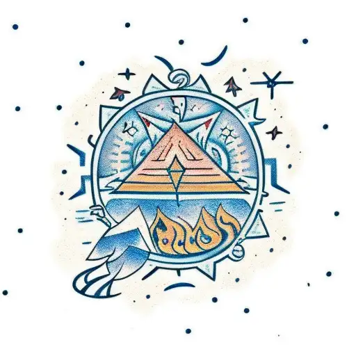 A Campfire Scene With Tribal Patterns And Leo Constellation In The Night Sky