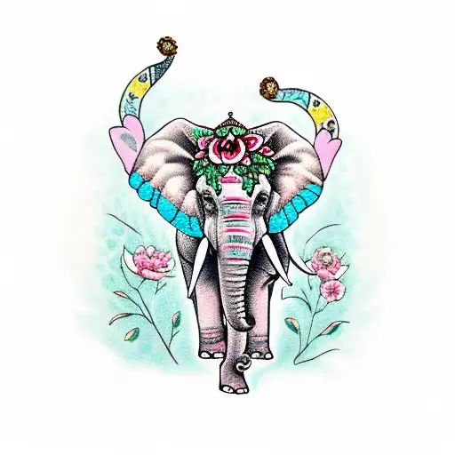 A Traditional Style Elephant Adorned With Pink Floral Patterns And Smoking A Joint