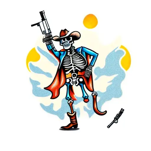 Skeleton Cowboy Shooting A Gun In Front Of A Sunset