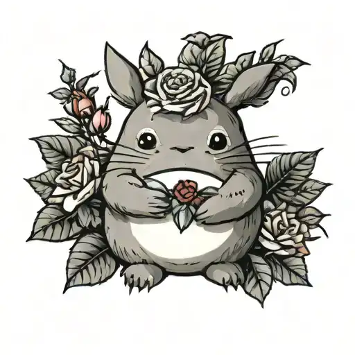 Baby Totoro Holding A Rose In His Hands Sketching A Smile