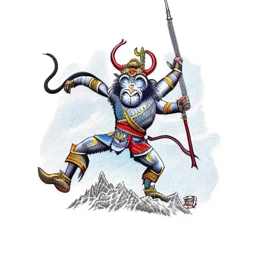 Monkey King With His Glorious Armor And Weapon Ready To Battle On Top Of An Mountain