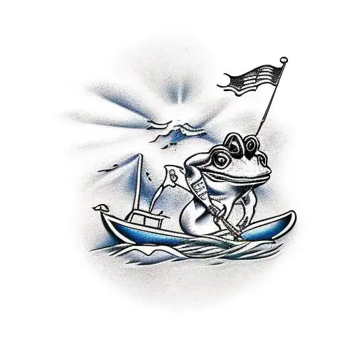A Traditional Style Tattoo Of A Frog Playing Golf On A Navy Ship