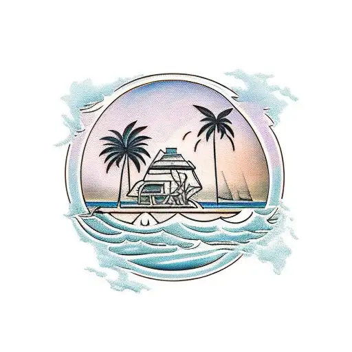 Traditional Style Tattoo Of A Beach Scene With Palm Trees And A Baseball Diamond In The Foreground
