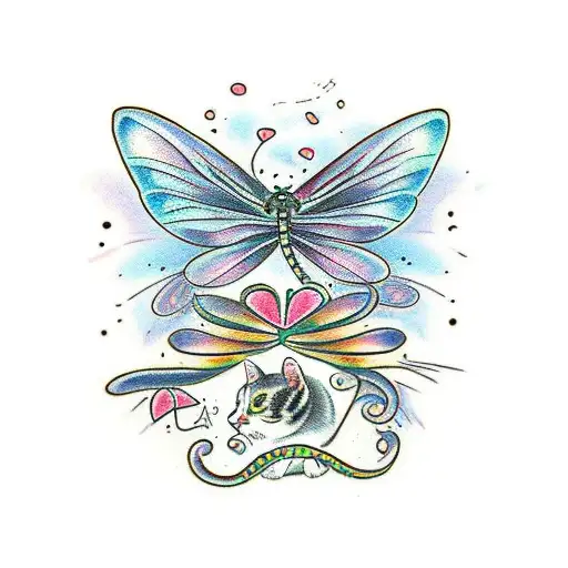 Cat Whimsically Playing With A Dragonfly