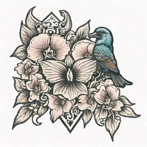 Mama Heart Tattoo With Orchid And Three Birds