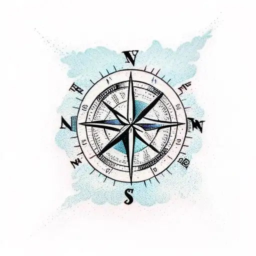 A Traditional Compass Tattoo With A Surfboard And Ocean Waves As The Background