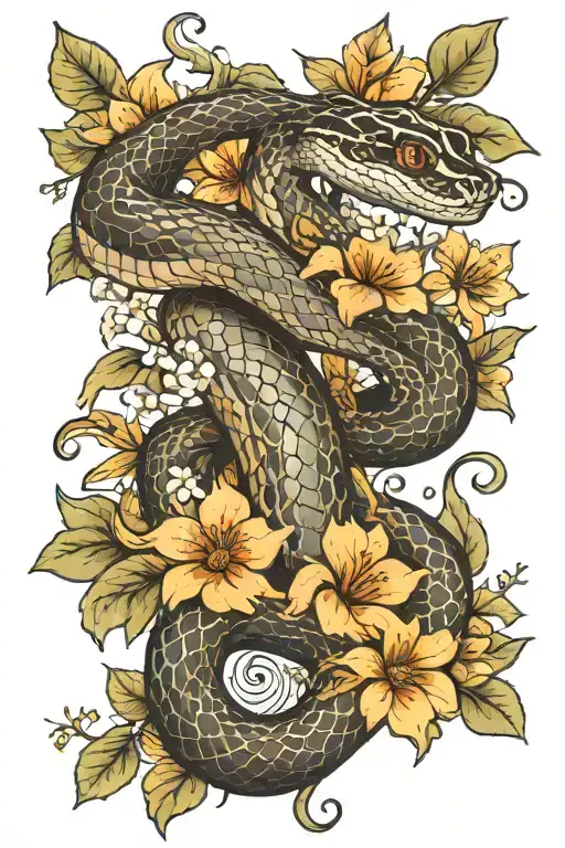 A Realistic Portrait Of A Snake Wrapped Through Flowers