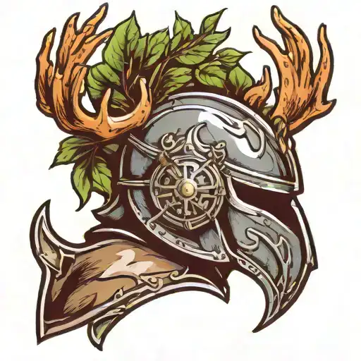 Side Profile Knight Helmet And Upper Body Armor Helmet Has Greenery And Deer Antlers