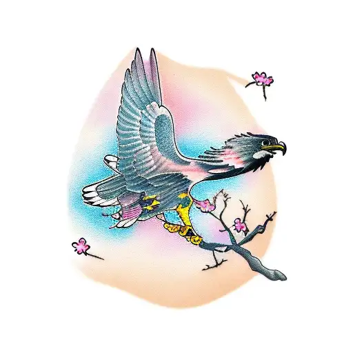 Flying Hawk Silhouette With Cherry Blossoms Forming An Arm Band
