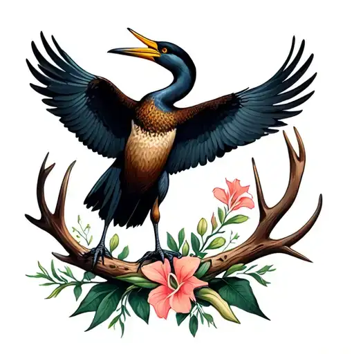 Cormorant Standing On A Deer Antler Wrapped In Gladiolus Flower