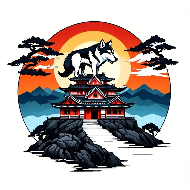 Wolf Standing Proudly Atop A Japanese Castle Made Entirely Of Black Rock