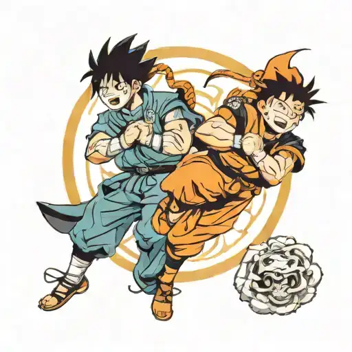 Naruto Goku And Midoriya In Fighting Pose With Mystic Background Mid Air