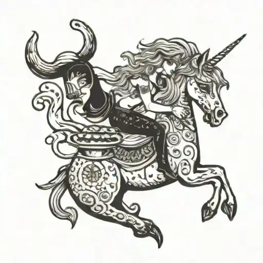 Alien Mermaid Riding A Unicorn Eating Pizza And Drinking