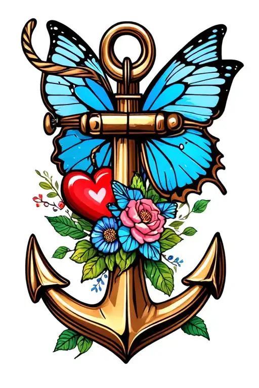 Femine Anchor Tattoo For Wrist With Heart And Blue Butterfly