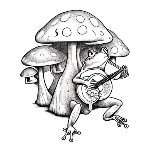 Frog Playing A Banjo And Smoking A Joint Under A Giant Mushroom