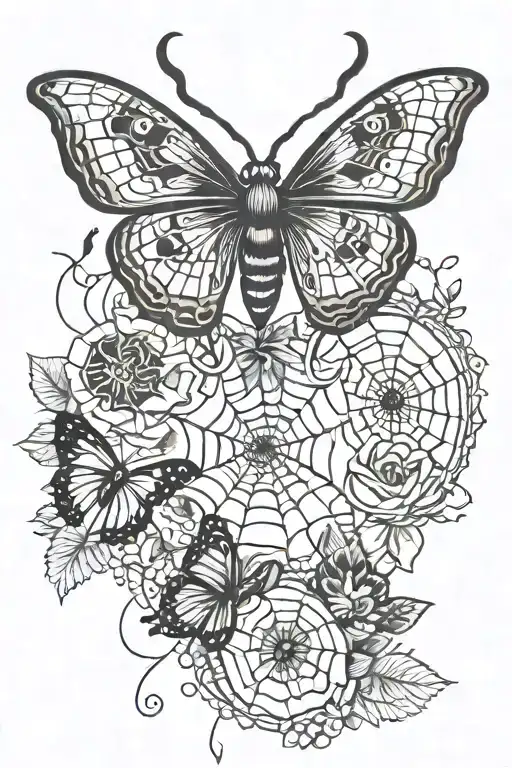 Spider And Butterfly And Web Intertwined